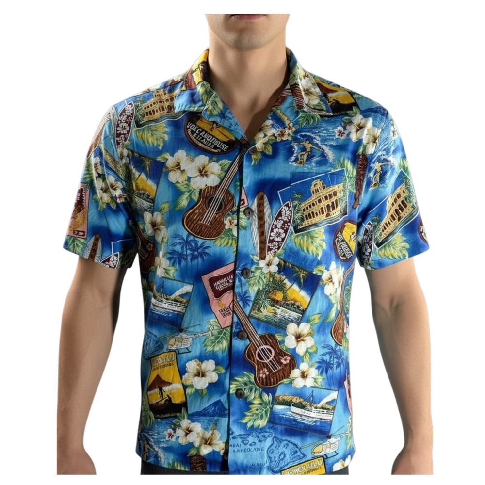 Hawaiian Shirt Mens Medium Blue Floral Ukulele Tiki Surf Aloha Palmwave